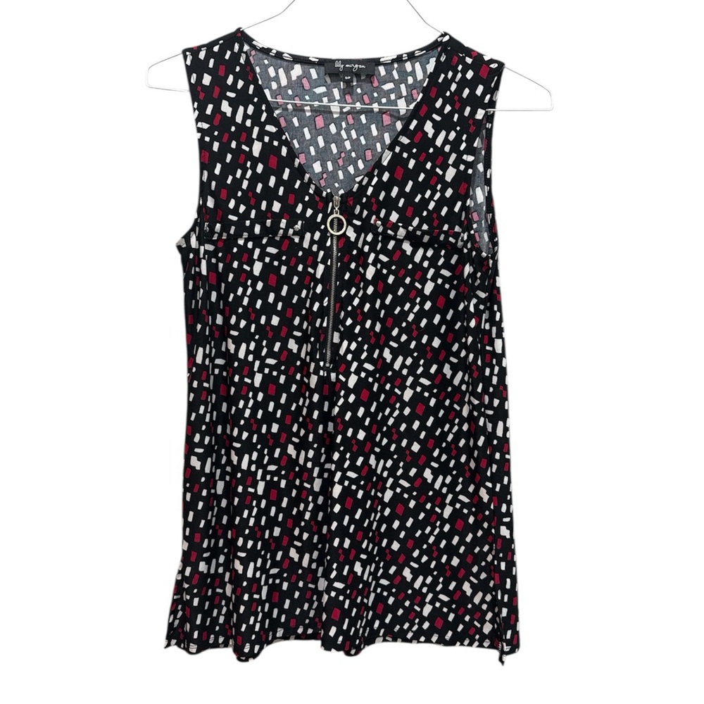 Black Geometric Sleeveless Zip-Front Blouse | Ring Pull Detail - Picture 3 of 5